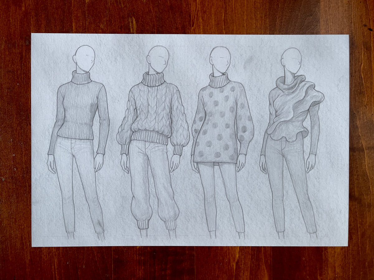 Seth Jennemann MEFREEK - The Weight Of Being Weightless - pencil drawing in a contemporary fashion sketch style featuring four faceless croquis wearing sculptural knit sweaters and fitted jeans, rendered in delicate graphite shading, showcasing texture variation and garment form on white paper.
