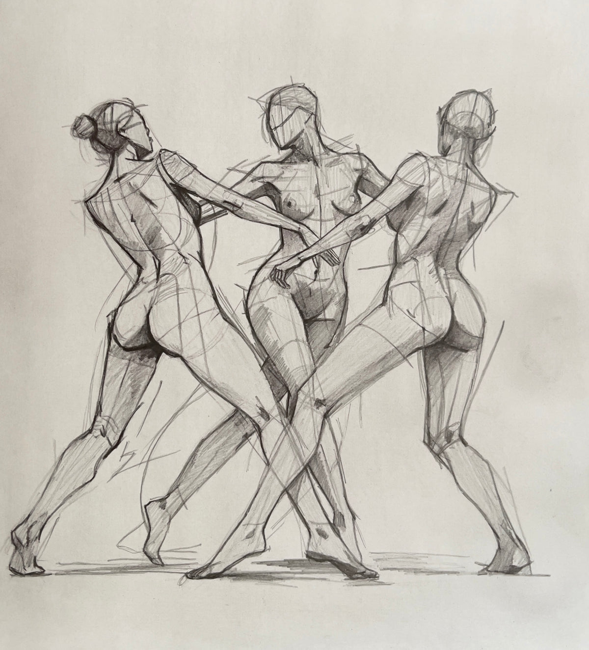 MEFREEK Seth Jennemann Dynamic Gesture Drawing of three interacting female figures in motion with overlapping poses structural line work and expressive anatomy emphasizing movement rhythm and compositional flow on textured paper