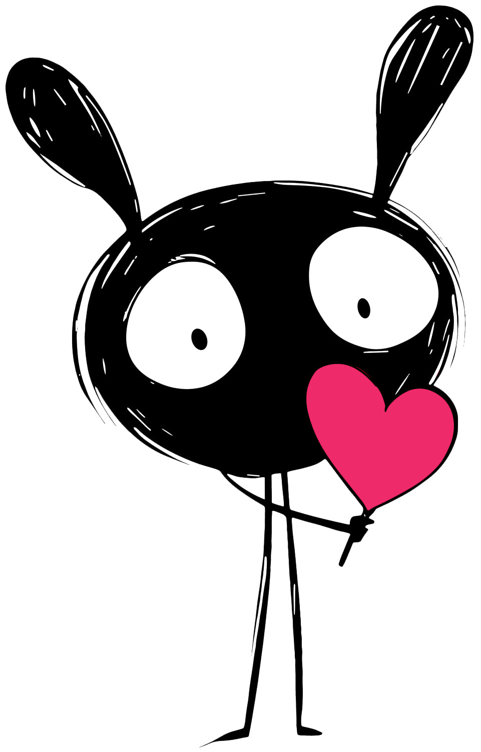 MEFREEK Seth Jennemann Jentlefriend character Tiki with large black head, tall oval ears, and wide white eyes holding a bright pink heart. Minimalist surreal cartoon design in bold black and magenta with expressive simplicity and playful tone.
