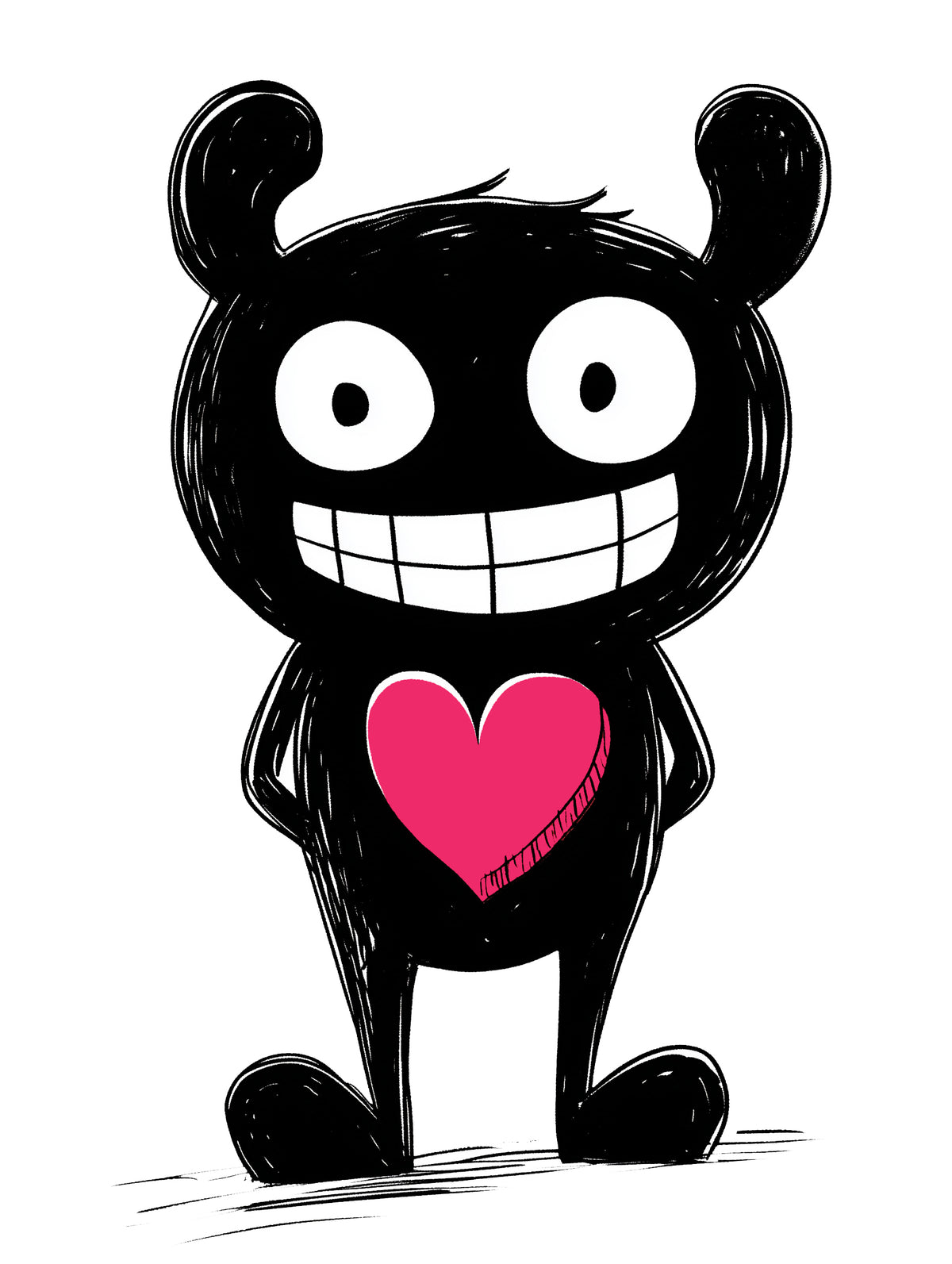 MEFREEK Seth Jennemann Tink – black pop-surreal character with large white eyes, mischievous grin, and vivid pink heart on chest, illustrated in sketchy hand-drawn style with minimalist color palette and bold linework.
