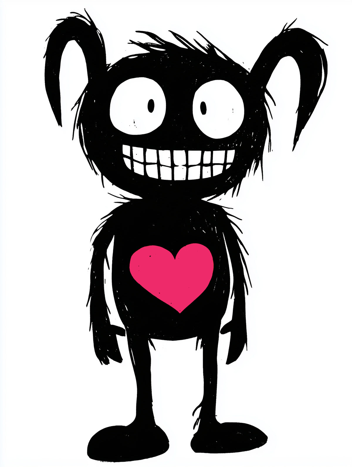 MEFREEK Seth Jennemann Tizzy – black cartoon figure with large expressive eyes, elongated ears, and textured hand-drawn lines, vibrant pink heart on chest, minimalist surreal character art with sketch-style energy.
