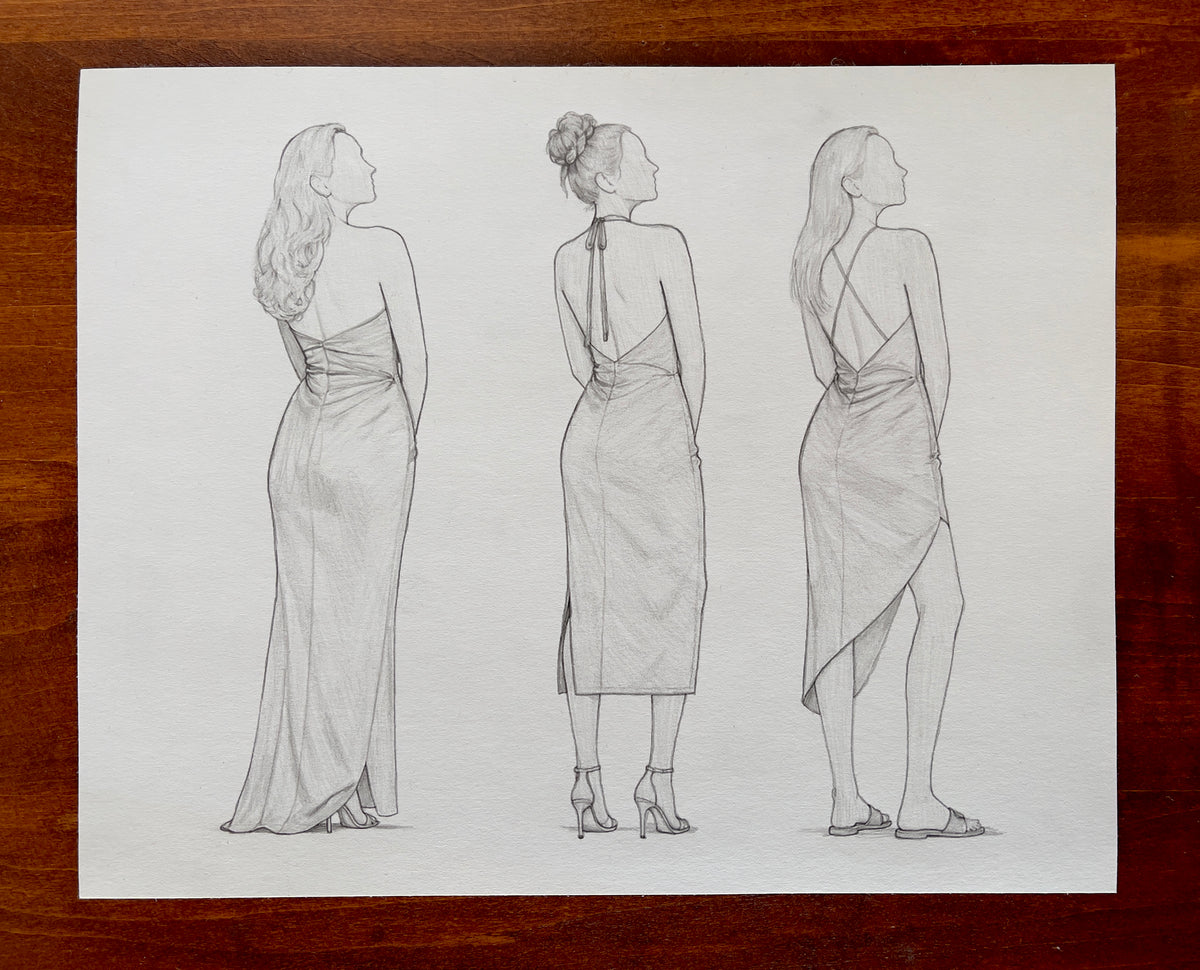 MEFREEK Seth Jennemann Original Pencil Drawing Two For The Price Of Two – Fashion croquis featuring three full-length female figures viewed from behind, showcasing elegant backless dress designs. The first figure wears a flowing floor-length gown with a gathered low back and long wavy hair. The second wears a fitted midi dress with a halter neckline, open back, and high heels, her hair styled in an intricate bun. The third wears an asymmetrical dress with crossed back straps, a diagonal hemline, and flat sa
