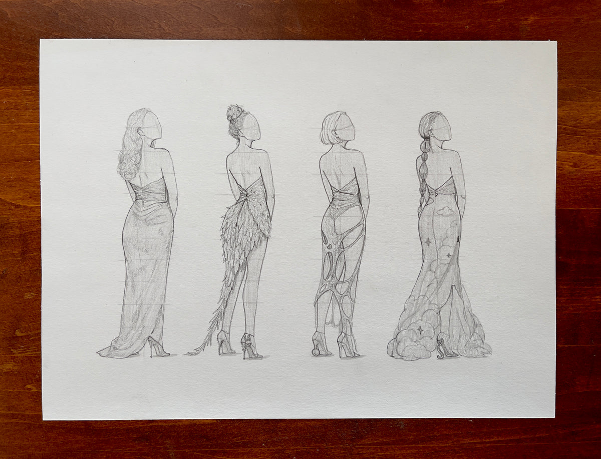 MEFREEK Seth Jennemann Original Pencil Drawing Two For The Price Of Two – Fashion croquis featuring four female figures viewed from behind, each wearing a distinctive backless evening gown. The designs include a floor-length draped gown with gathered fabric, an asymmetrical feathered dress with a trailing train, a fitted gown with abstract geometric patterns, and a flowing dress decorated with cloud-like shapes and celestial details. Each figure has a different hairstyle, including long curls, an updo, a sh