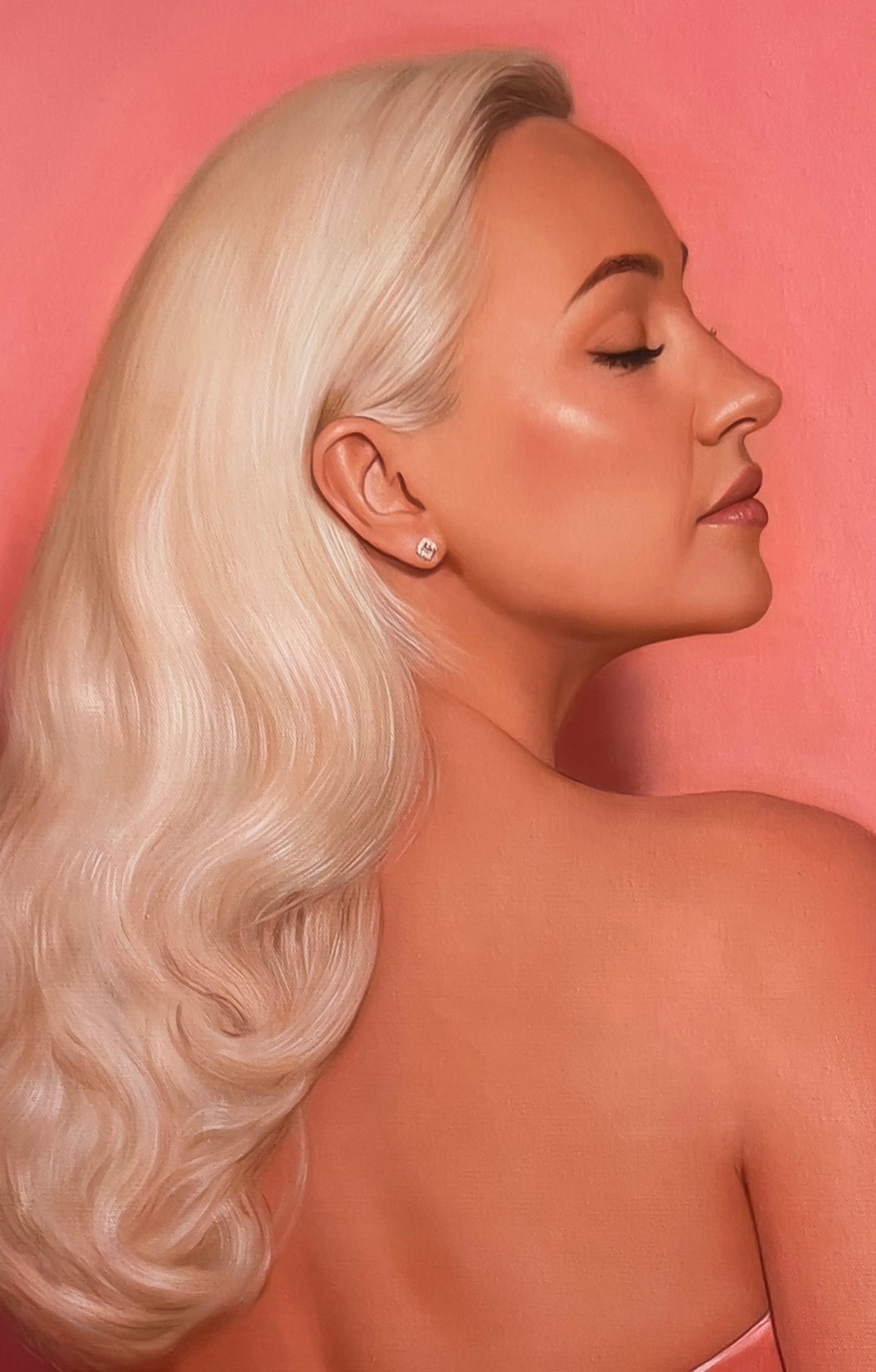 MEFREEK Seth Jennemann Original Oil Painting "Two For The Price Of Two" featuring a close-up side profile of a blonde woman with closed eyes, long platinum blonde hair styled in soft, flowing waves, subtle pink lipstick, and a sparkling stud earring. Her bare shoulders and upper back are illuminated by warm light against a vibrant coral pink background.