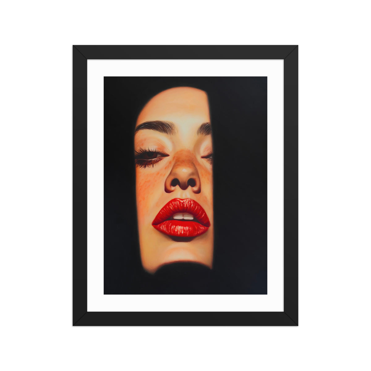 MEFREEK Seth Jennemann Open Edition Print Unstable At Close Range framed wall art featuring a hyperreal close-up portrait of a woman’s face with red lips, freckles, and closed eyes against a deep black background, contemporary oil painting style with dramatic lighting and high contrast.