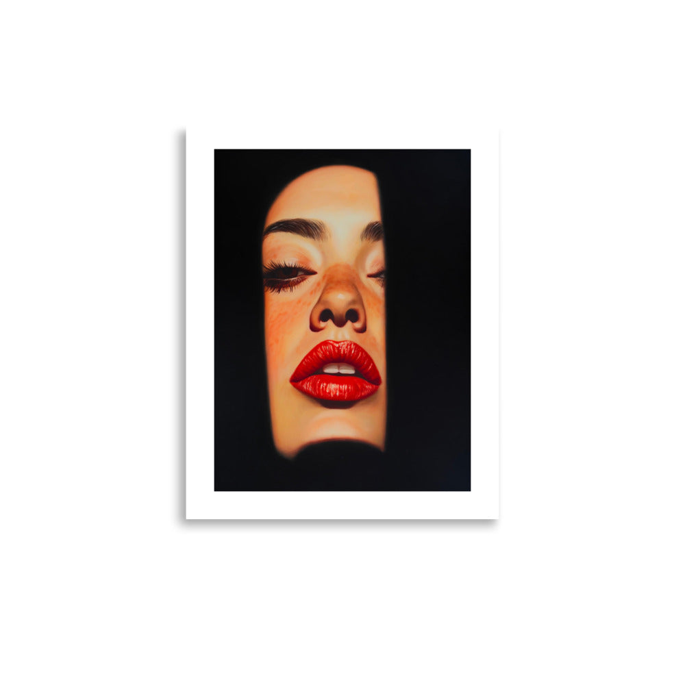 MEFREEK Seth Jennemann Open Edition Print Unstable At Close Range fine art print of a hyperreal female portrait showing red glossy lips, soft freckles, and shadowed edges, photoreal oil painting with dark minimalist composition and bold color saturation.