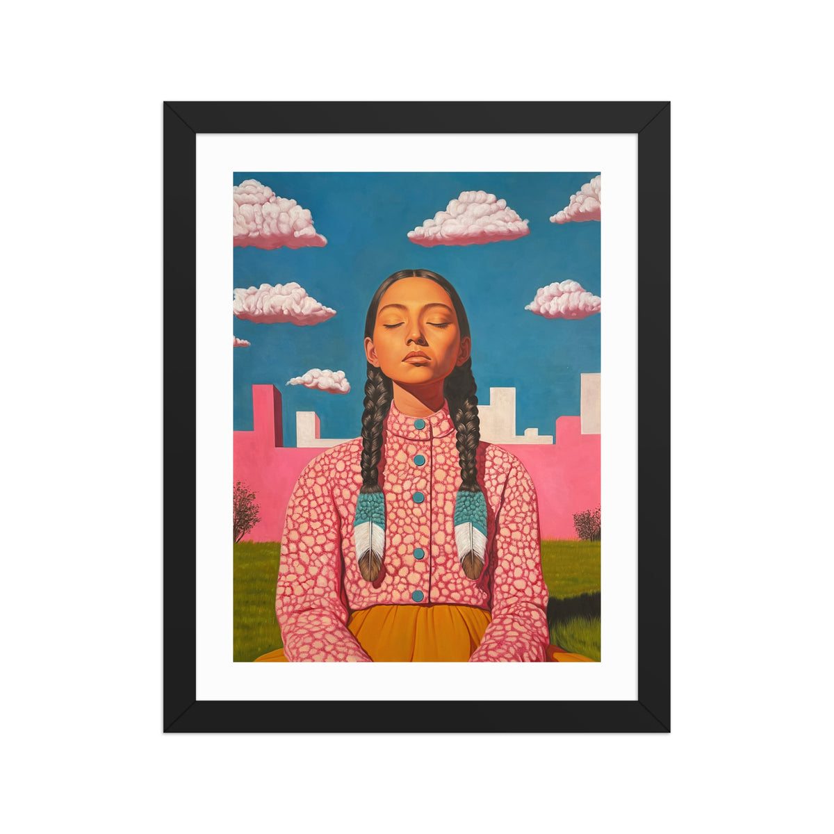MEFREEK Seth Jennemann Open Edition Print Unholy Choirs And Unwanted Updates oil painting portrait of a woman with long dark braids, eyes closed, wearing a pink patterned shirt with blue details and feathers, sitting in front of a bright pink wall and blue sky with fluffy clouds, hyperreal pop surrealist style.