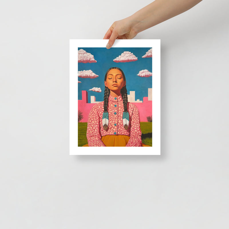 MEFREEK Seth Jennemann Open Edition Print Unholy Choirs And Unwanted Updates hyperreal pop surrealist painting of a woman in pink and yellow clothing with braided hair and feathers, eyes closed beneath a vivid sky, surrounded by bright geometric architecture and soft green grass.
