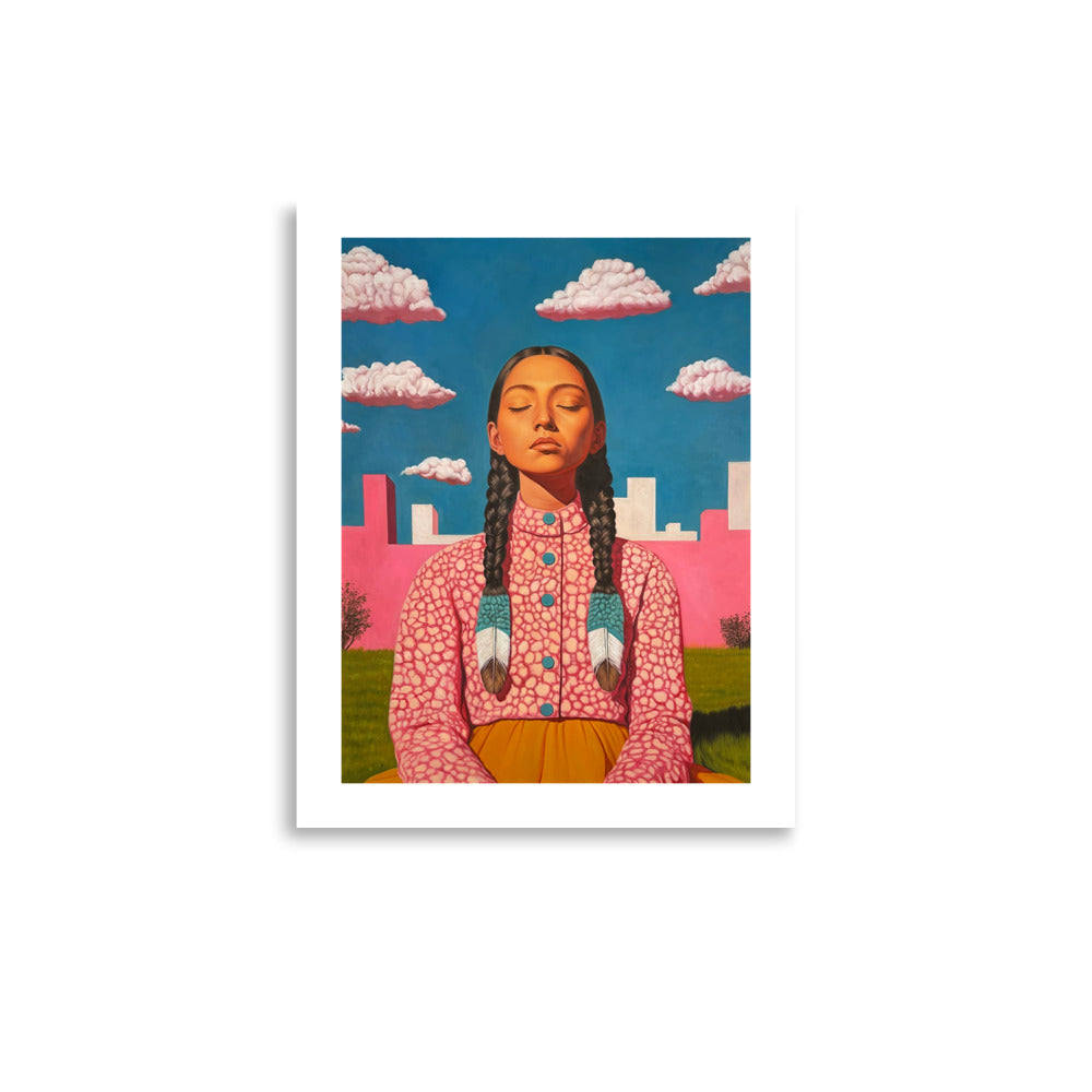 MEFREEK Seth Jennemann Open Edition Print Unholy Choirs And Unwanted Updates framed fine art print featuring a woman meditating with eyes closed, long braids, and pink outfit, surreal contemporary oil painting with bright pastel clouds and a minimalist cityscape background.