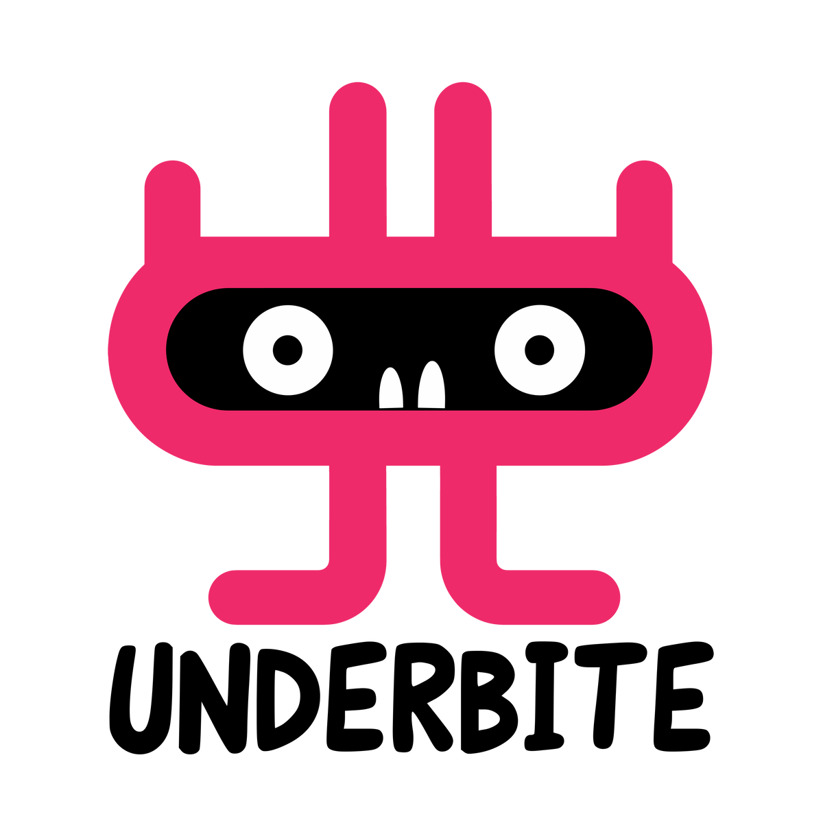 MEFREEK Underbite character by Seth Jennemann, pink graphic illustration of Underbite with wide eyes, two signature underbite teeth, four upper appendages and two legs
