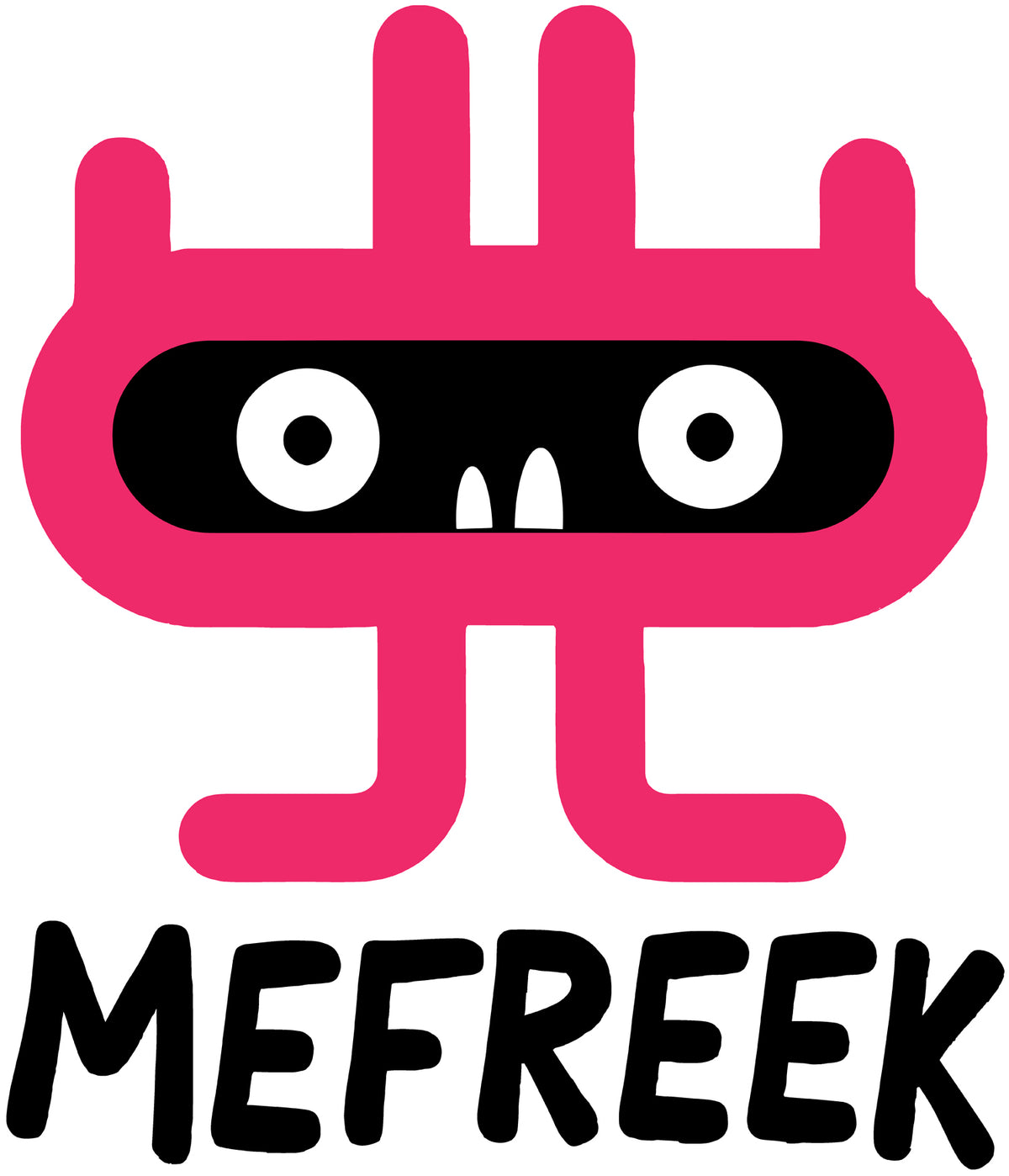 MEFREEK Seth Jennemann Underbite logo featuring bold pink creature named Underbite design with black oval eyes and white pupils, stylized text reading MEFREEK underneath, minimalist modern branding for contemporary art and designer collectibles.
