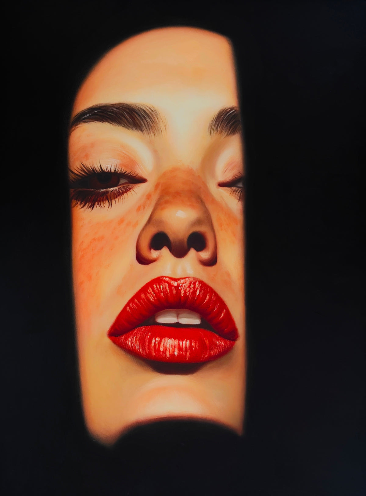Seth Jennemann MEFREEK Unstable At Close Range. oil painting, hyperreal, contemporary portrait. woman peering through darkness, shadows slicing across her face, bright red lipstick.