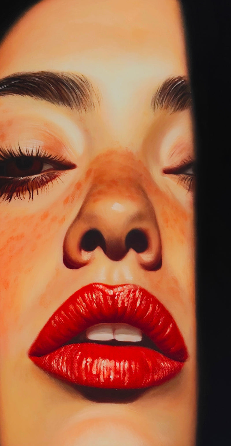 Seth Jennemann MEFREEK Unstable At Close Range. oil painting, hyperreal, contemporary portrait. glossy red lips, soft freckles, shadowed lashes, sensual focus.