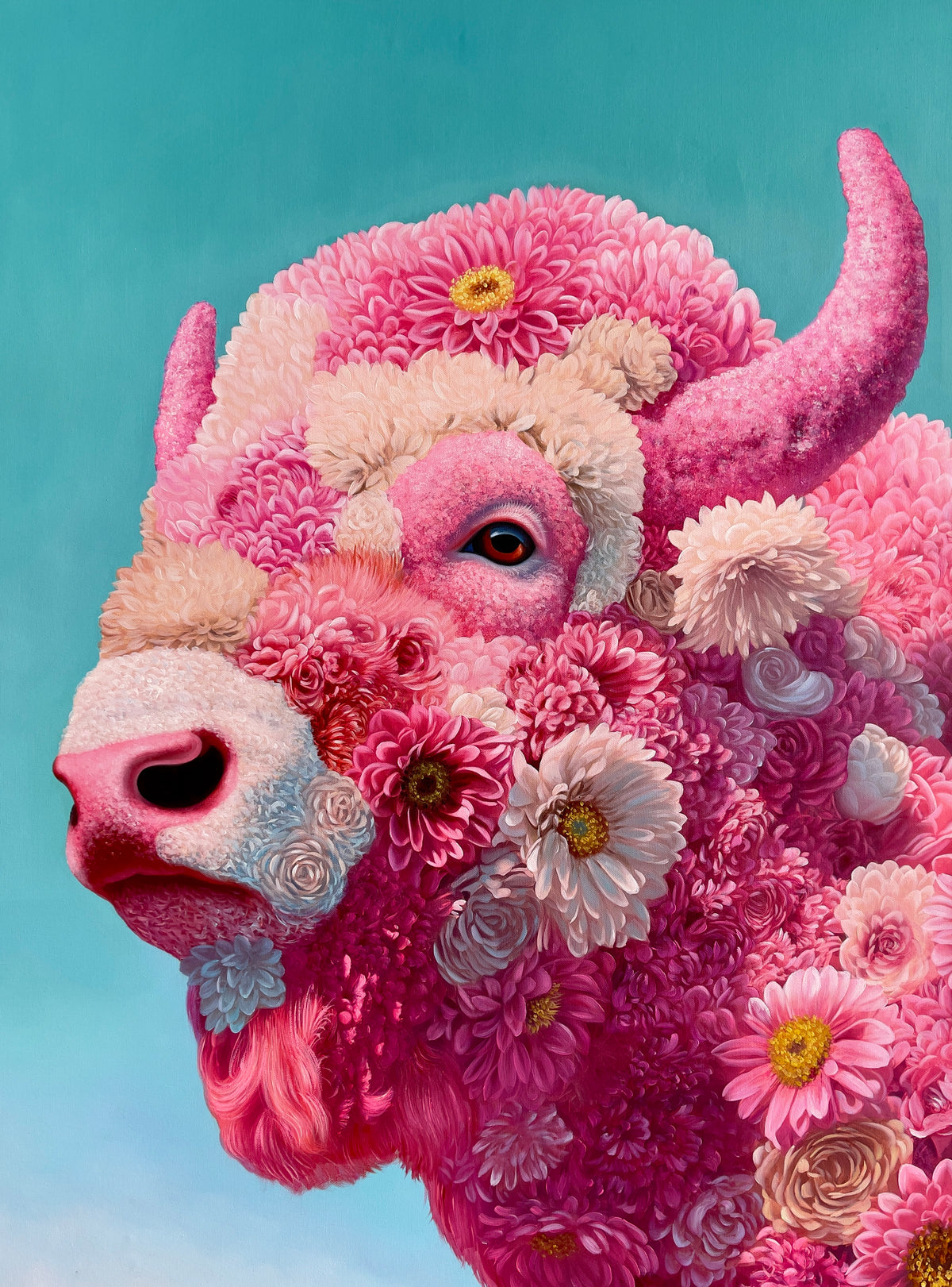 MEFREEK Seth Jennemann We Decorated The Cage Ourselves hyperreal oil painting of a bison head covered in layered pink flowers with a vivid red eye against a smooth teal gradient background, contemporary surrealism