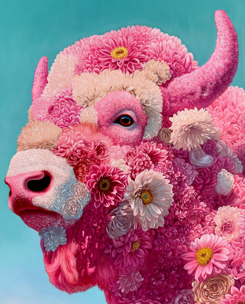 MEFREEK Seth Jennemann We Decorated The Cage Ourselves close up hyperreal oil painting of a floral covered bison face with dense pink blossoms and detailed textures surrounding the eye, surreal fine art painting