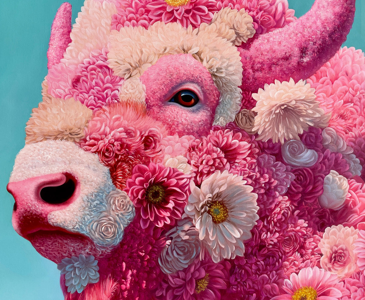 MEFREEK Seth Jennemann We Decorated The Cage Ourselves side profile hyperreal oil painting of a bison composed of layered pink and peach flowers with a soft gradient background and precise anatomical structure, surreal contemporary painting