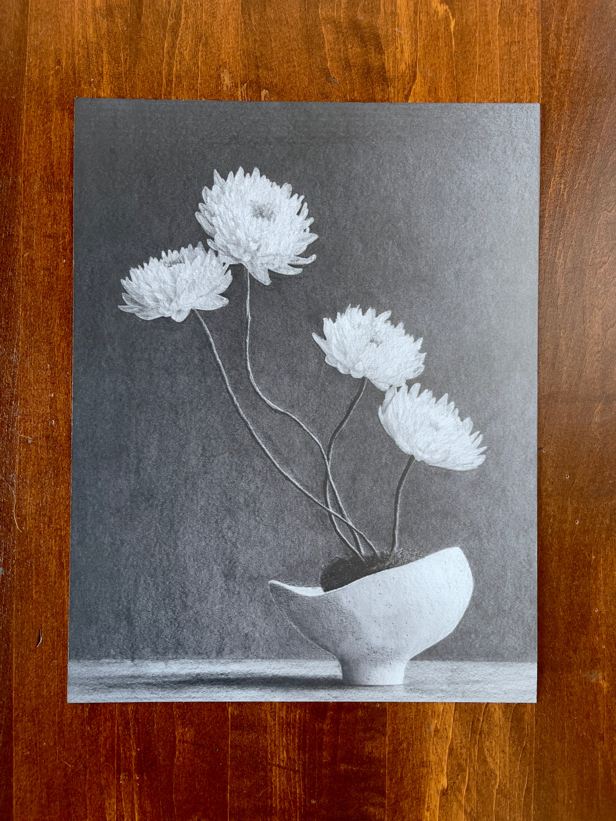 MEFREEK Seth Jennemann We Meant Well And Other Miscalculations graphite drawing of chrysanthemum flowers with long curved stems in a sculptural vase on a dark background, preparatory still life drawing