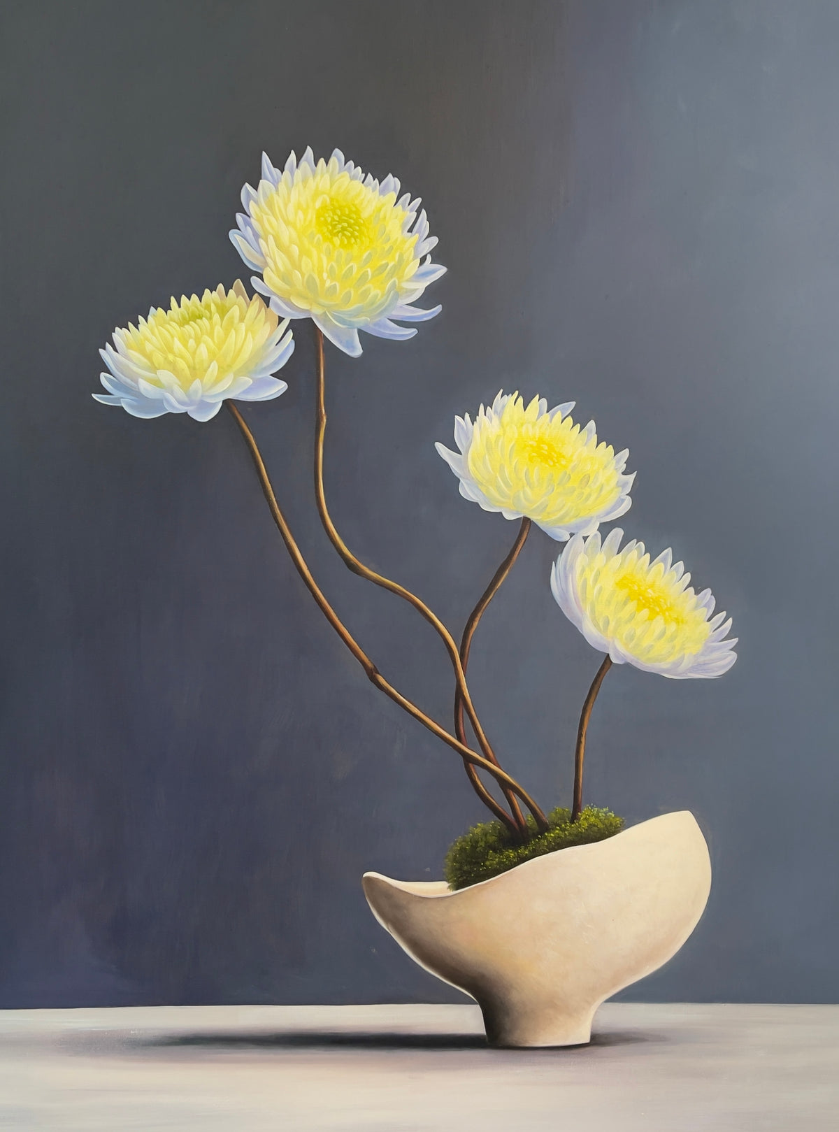 MEFREEK Seth Jennemann We Meant Well And Other Miscalculations hyperreal oil painting of delicate yellow and white chrysanthemum flowers with long curved stems arranged in a sculptural ceramic vessel on a muted gray background, contemporary still life painting