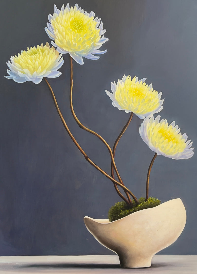 MEFREEK Seth Jennemann We Meant Well And Other Miscalculations close up hyperreal oil painting of glowing yellow chrysanthemum flowers with soft translucent petals against a muted gray background, contemporary still life floral painting