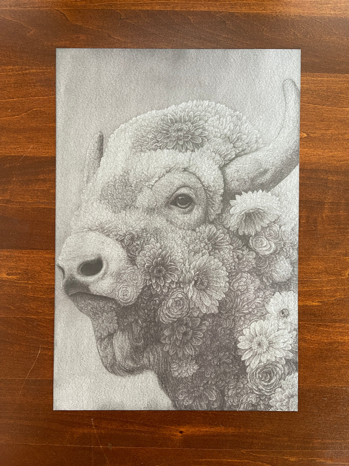Seth Jennemann MEFREEK – “We Decorated The Cage Ourselves” – graphite drawing in hyperreal pop surrealism style. A bison’s portrait merges with lush floral textures, its fur replaced by detailed blossoms and petals, symbolizing quiet captivity wrapped in natural beauty.
