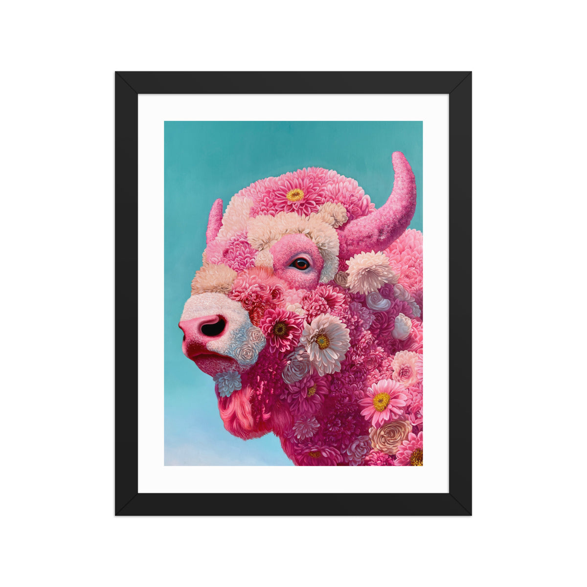 MEFREEK Seth Jennemann Open Edition Framed Print We Decorated The Cage Ourselves, surreal portrait of a horned bovine with its face and body composed of dense pink and cream flowers, textured petals forming fur and facial features, vivid eye and sculptural horns against a soft teal gradient background, hyperreal contemporary fine art with intricate floral detail