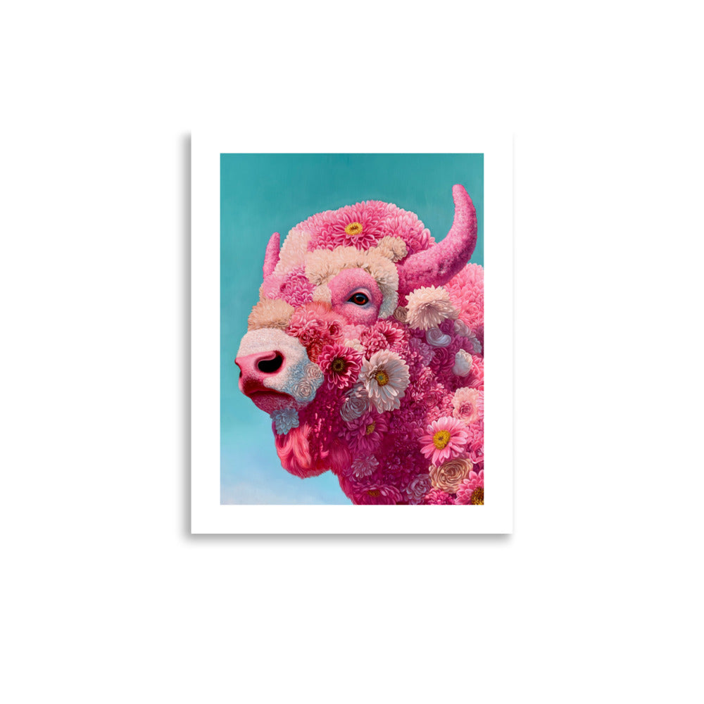 MEFREEK Seth Jennemann Open Edition Print surreal floral bison portrait composed of layered pink blossoms with detailed horn and expressive eye, hyper realistic oil painting style with soft teal gradient background and rich texture throughout