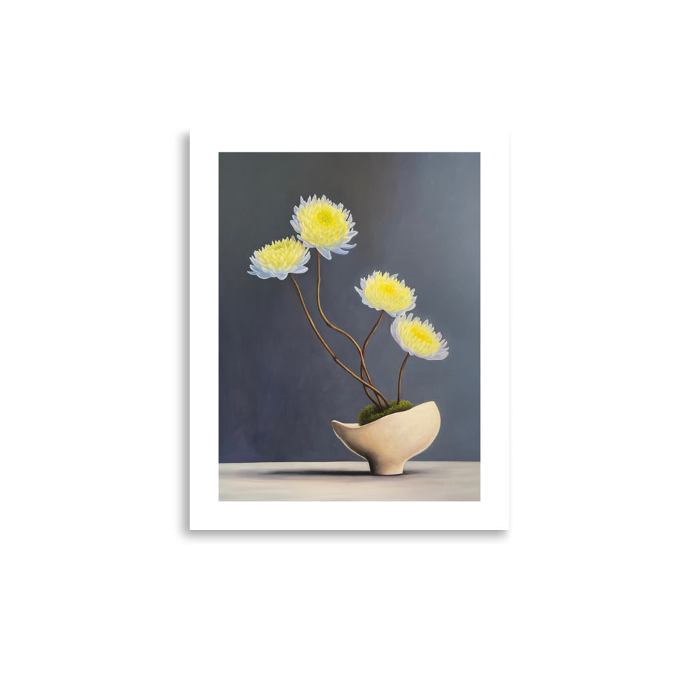MEFREEK Seth Jennemann Open Edition Print minimalist still life of delicate white and yellow flowers with long curved stems arranged in a sculptural ceramic vase, soft moody gray background with subtle gradients and refined oil painting detail