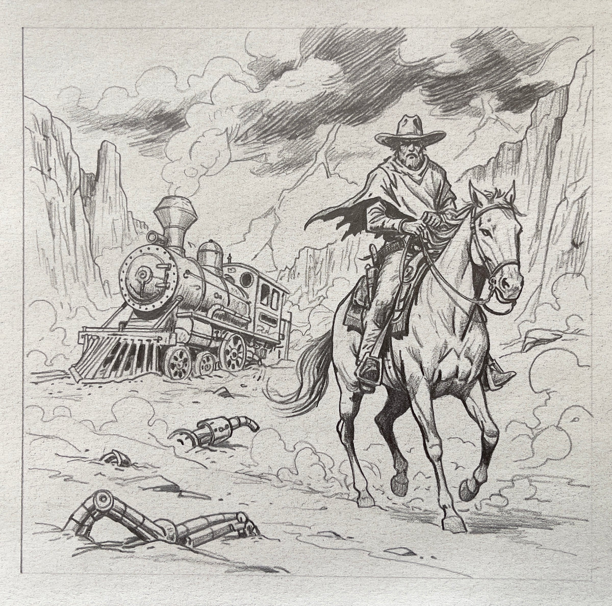 MEFREEK Seth Jennemann Western Comic Style Pencil Drawing featuring a cowboy riding a horse through a desert canyon with a steam train in the background dynamic motion dust clouds and detailed line work on textured paper