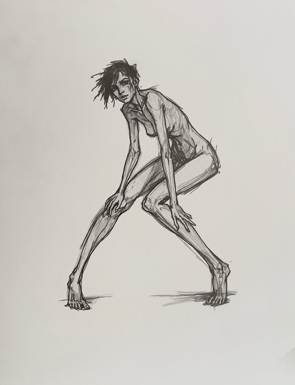 MEFREEK Seth Jennemann Expressive Gesture Drawing of a female figure in a wide grounded stance with elongated limbs loose energetic line work and strong anatomical rhythm capturing motion balance and attitude on textured paper