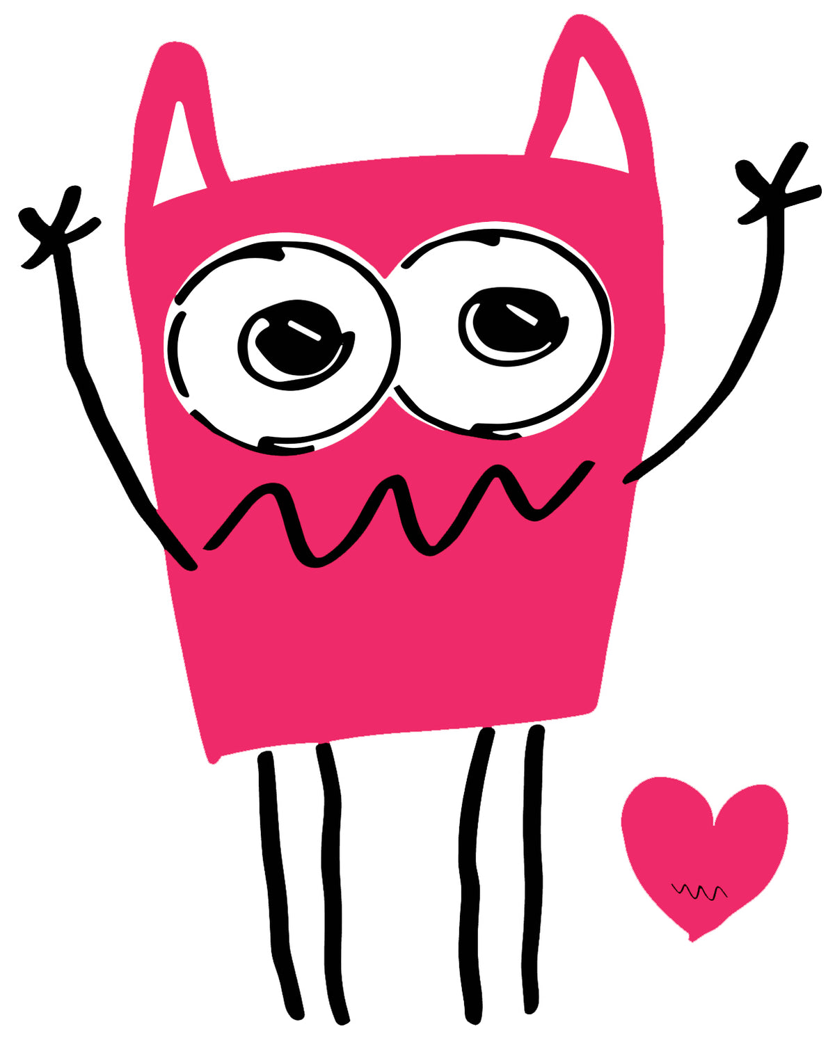 MEFREEK Seth Jennemann Jentlefriend character Wiggle, a pink rectangular creature with tall pointed ears, large eyes, and zigzag mouth detail. Playful contemporary cartoon illustration with minimalist linework, bold magenta color, and cheerful monster personality.
