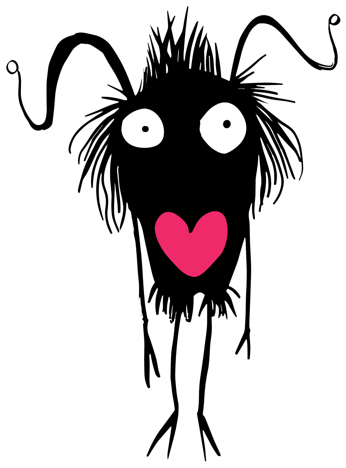MEFREEK Seth Jennemann Jentlefriend character Wisp, a dark fuzzy figure with wild hair-like lines, curving antennae, and a bright pink heart on its chest. Expressive surreal sketch art with hand-drawn energy and bold contrast.
