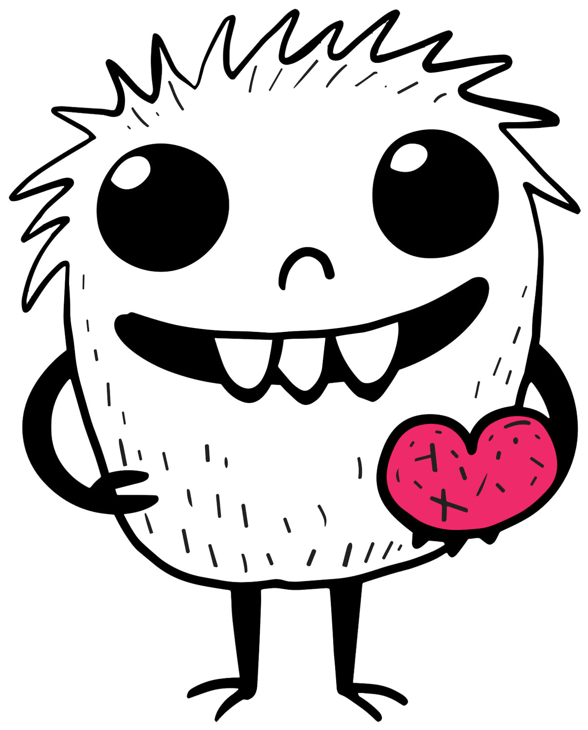 MEFREEK Seth Jennemann Jentlefriend character Wobble, a round creature with big eyes, spiky hair, and a stitched pink heart in its hand. Whimsical cartoon design with bold black line texture, minimalist composition, and playful emotion.
