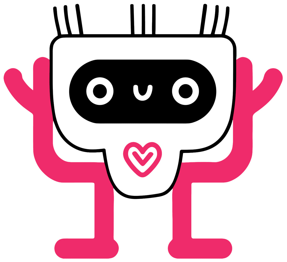 MEFREEK Seth Jennemann Jentlebot Wrixel – white-bodied robot with black oval mask, pink double arms raised upward, spiky hair detail, and heart-shaped emblem on chest, vibrant cartoon vector artwork.

