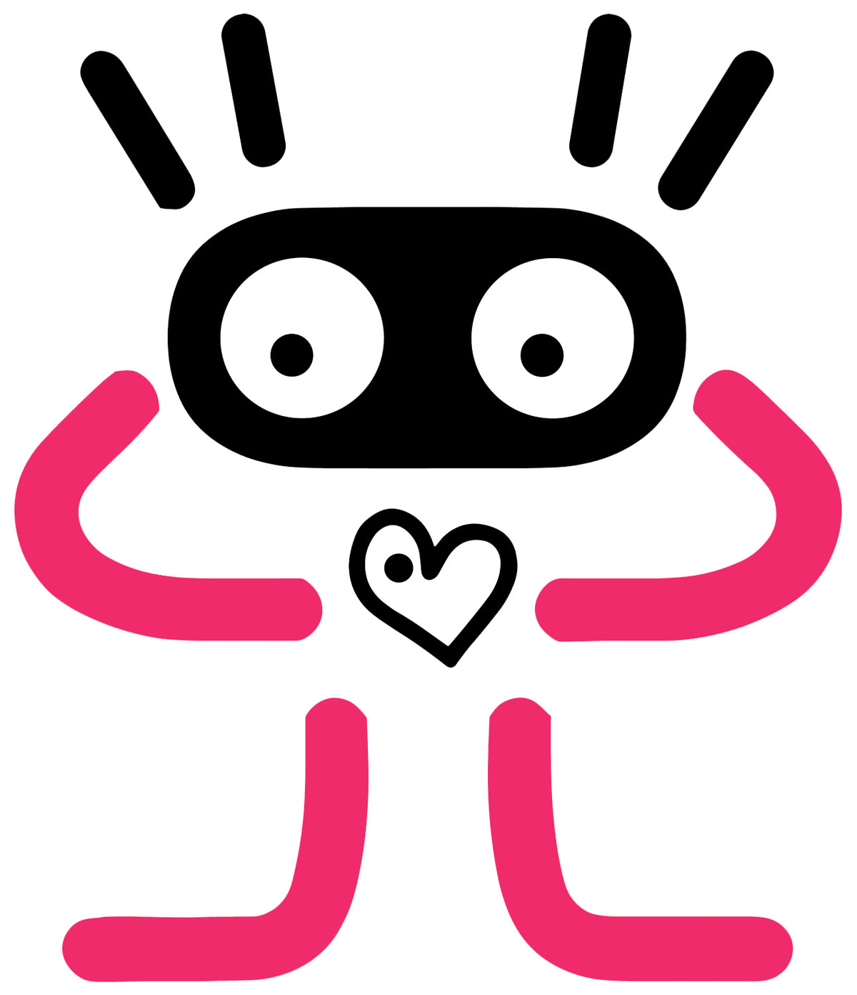 MEFREEK Seth Jennemann Jentlebot Zingo – black and pink robot with blocky square head, large eyes, and spiked pink crown, wide toothy grin, bold geometric pop vector character design.