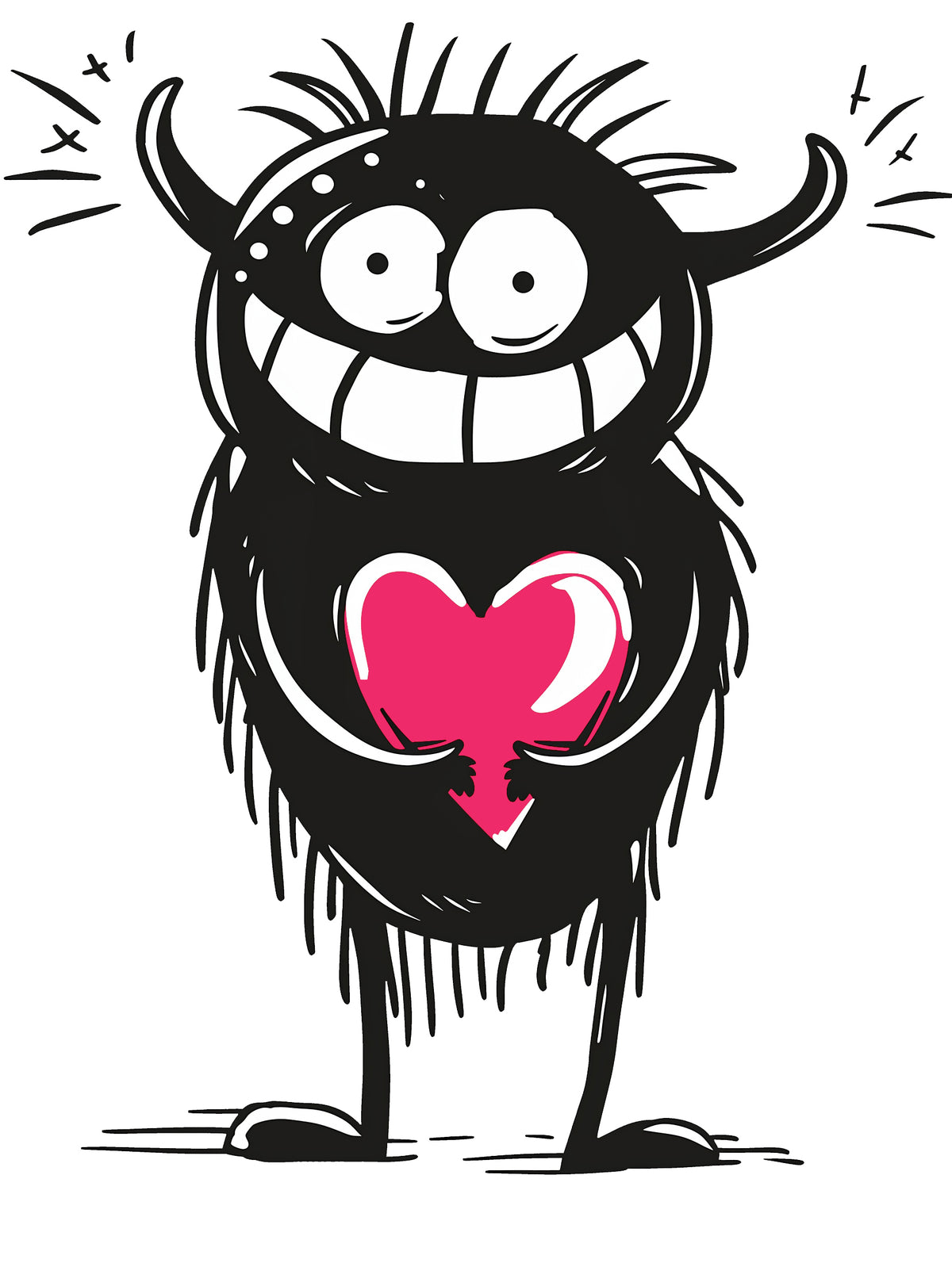 MEFREEK Seth Jennemann Jentlefriend fuzzy horned character Zog grinning widely while clutching a bright pink heart. Energetic black ink drawing with cartoonish wild texture and vivid magenta accent on stark white background.
