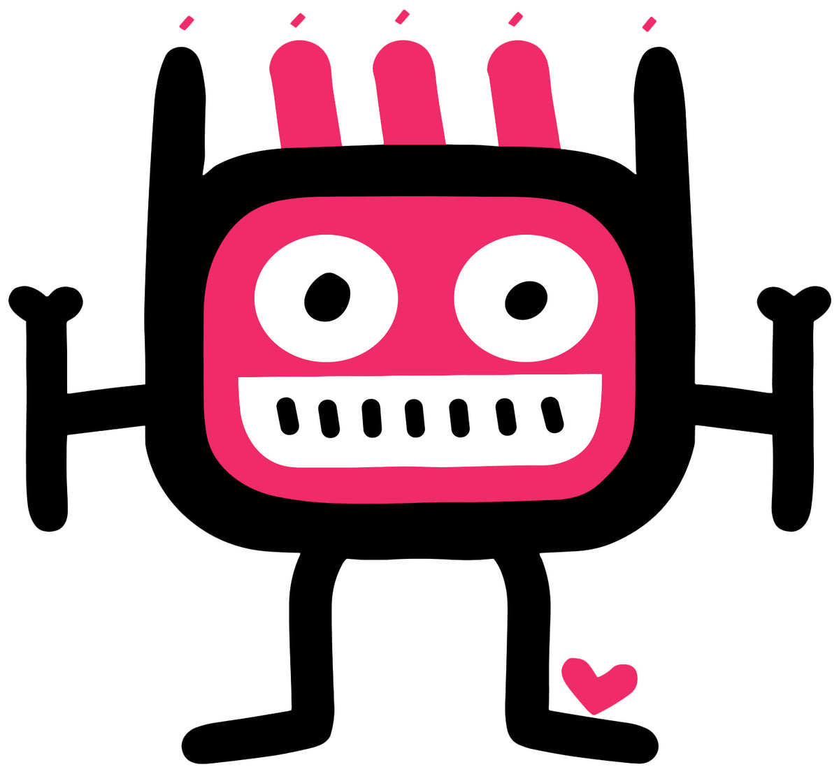 MEFREEK Seth Jennemann Jentlebot Zogo – rectangular black robot with large white eyes and pink facial accents, jagged mouth resembling pixel teeth, quirky modern vector character.