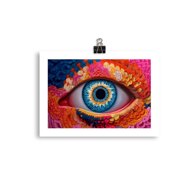 MEFREEK Seth Jennemann Open Edition Print Allergic To The Light Addicted To The Glow (A Laird Occurrence) — surreal hyperreal oil-style artwork of a blue human eye surrounded by dense coral-like petals in pink, orange, yellow, and navy tones, rich textured details and vivid color contrast on a white background with a top clip.