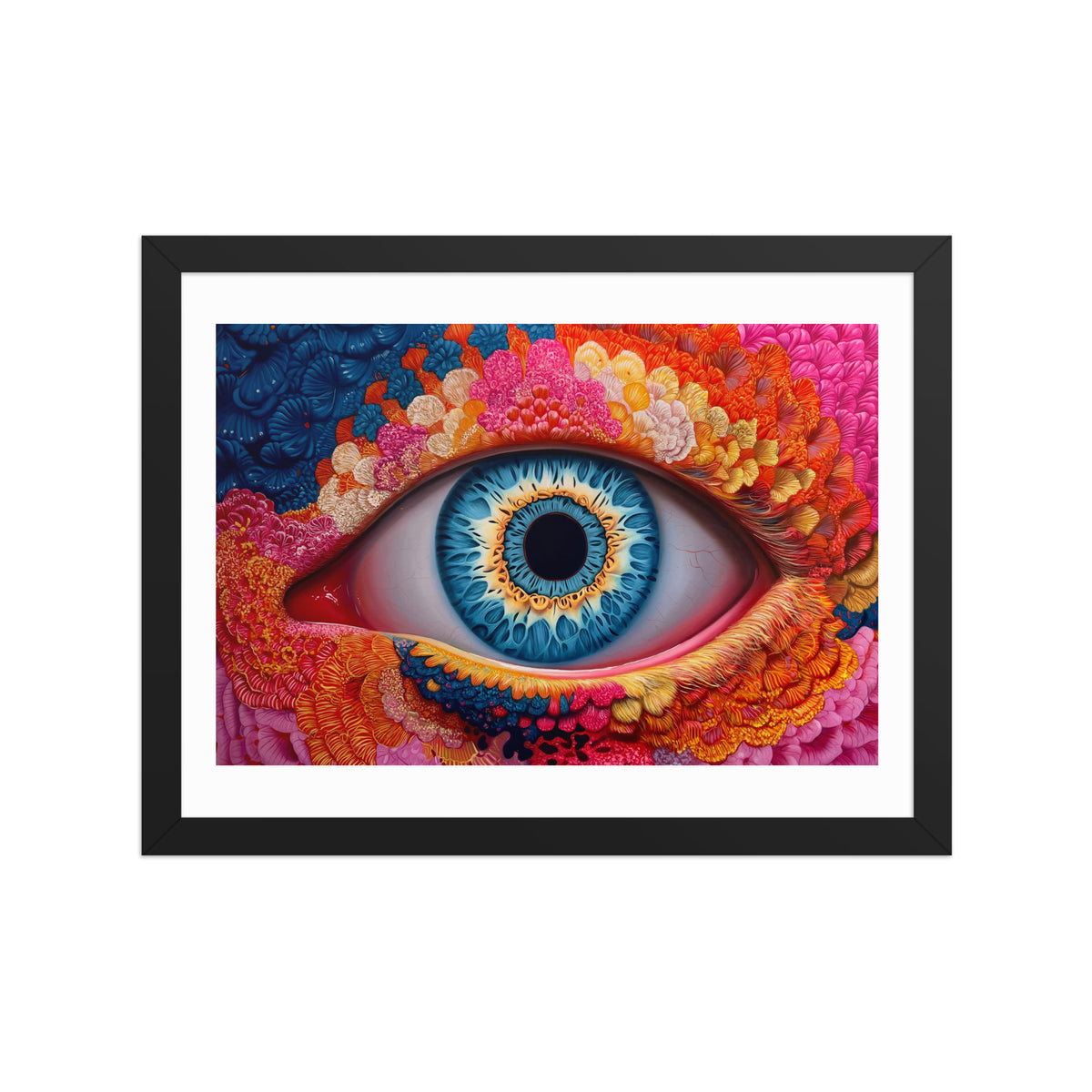 MEFREEK Seth Jennemann Open Edition Print Allergic To The Light Addicted To The Glow (A Laird Occurrence) — framed wall art featuring a detailed blue eye encircled by colorful organic textures in orange, pink, and yellow, hyperreal surrealist style with crisp contrast in a black frame and white mat.
