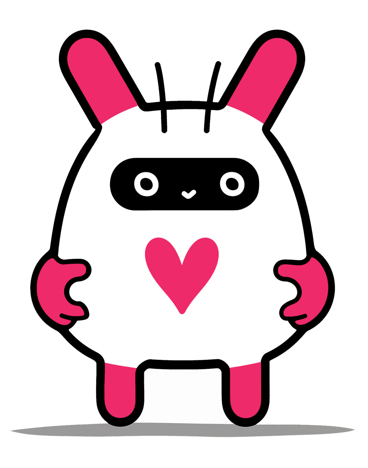 MEFREEK Seth Jennemann Jentlebot Chib – rounded white body with black mask, pink ears, gloves, and boots, pink heart emblem on chest, cute minimalist cartoon robot character in bold vector style.
