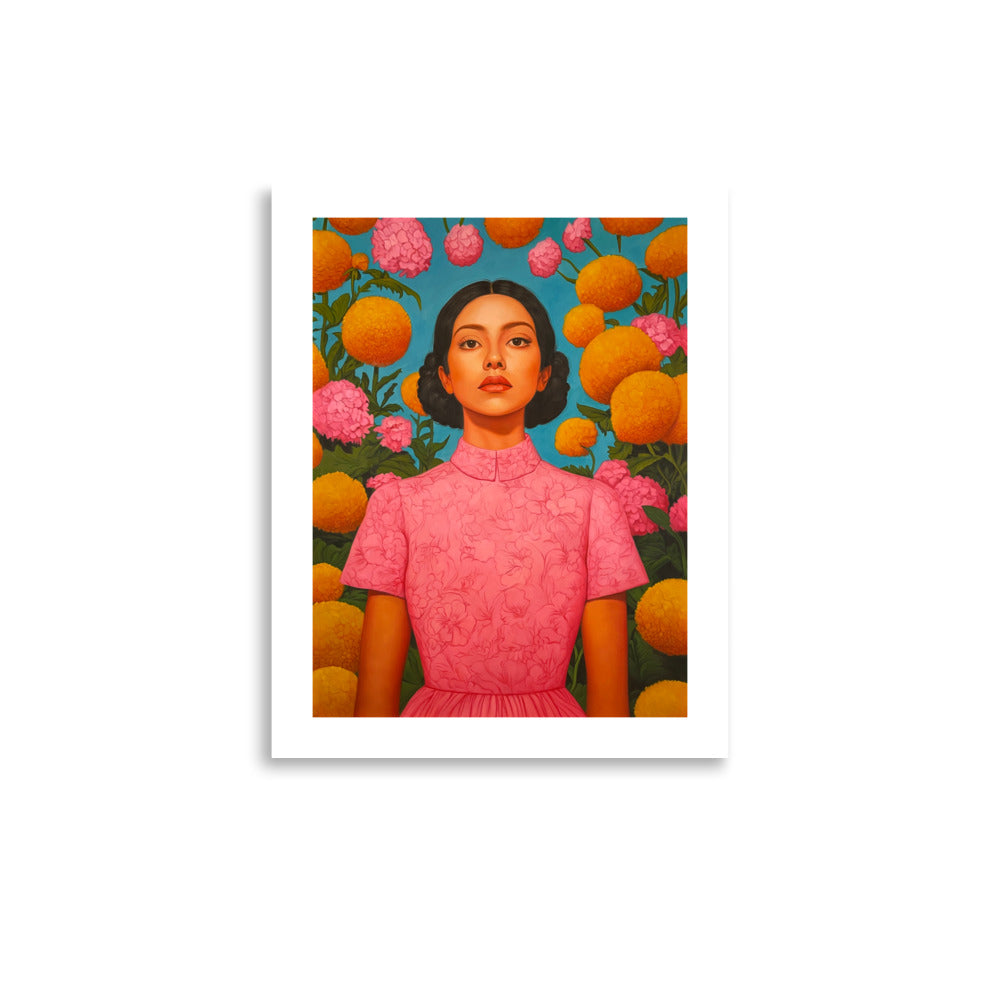 MEFREEK Seth Jennemann Open Edition Print “How To Leave Without Leaving” — detailed contemporary portrait featuring a woman in a pink floral dress surrounded by orange and pink blooms, printed on white fine art paper with bold color saturation.
