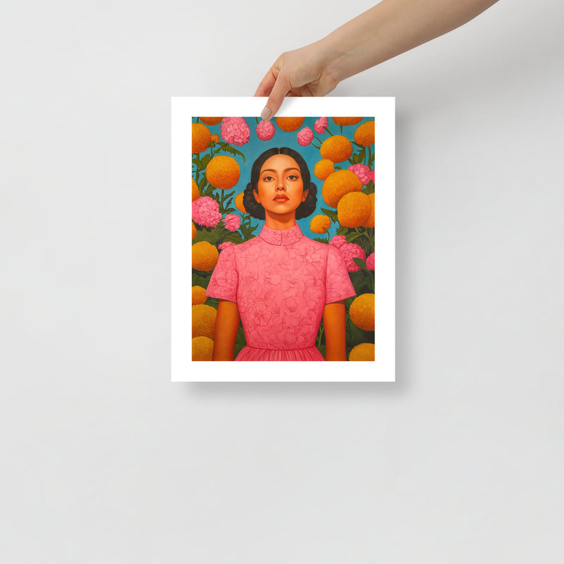 MEFREEK Seth Jennemann Open Edition Print “How To Leave Without Leaving” — vibrant fine art print showing a calm, defiant woman among marigolds, displayed unframed as a person holds the print for scale.