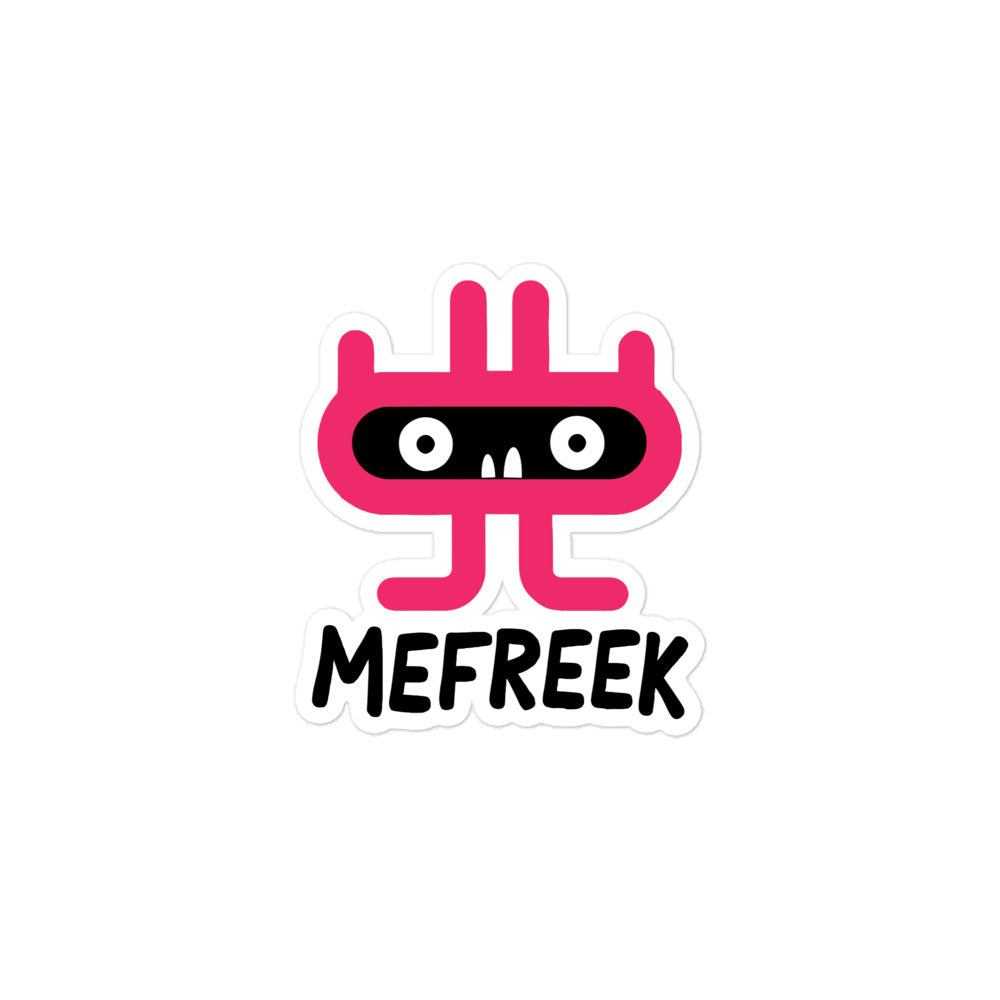Sticker with a pink cartoon character and 'MEFREEK' text on a white background