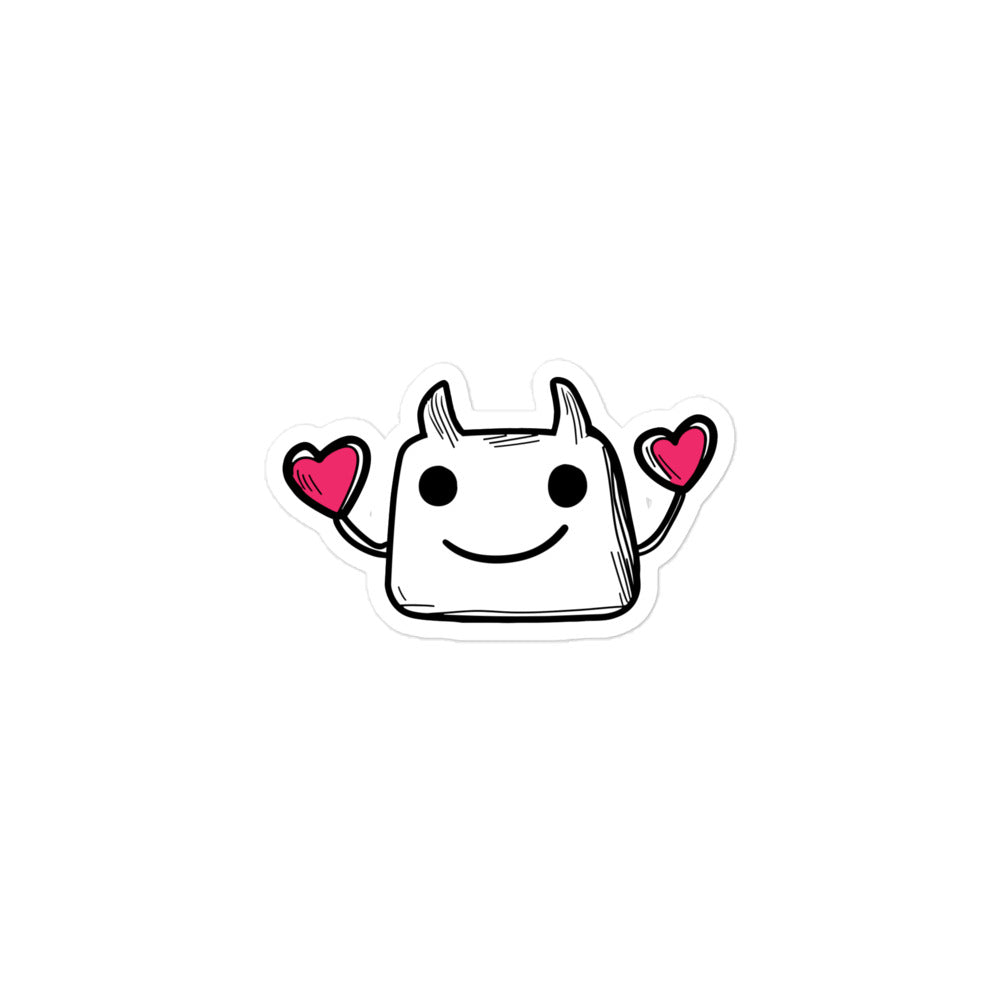 Cartoon character with a happy expression and heart-shaped hands on a white background