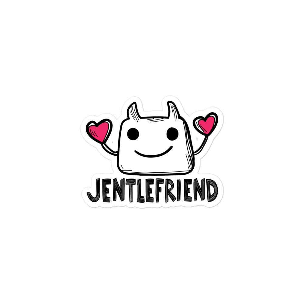 Sticker of a cartoon character with hearts and the text 'Jentlefriend' on a white background