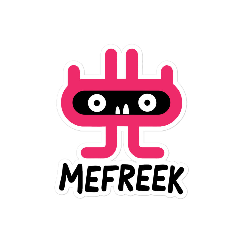 Sticker with a pink cartoon character and 'MEFREEEK' text on a white background
