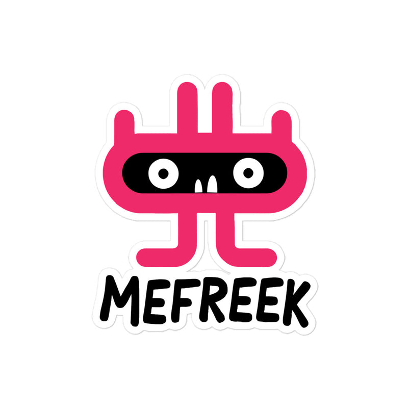 Sticker with a pink cartoon character and 'MEFREEEK' text on a white background