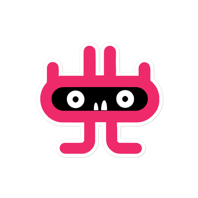 Pink cartoon character with black eyes on a white background