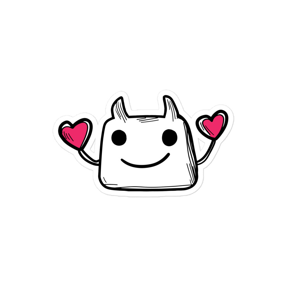 Cartoon character with a happy expression and pink hearts on a white background