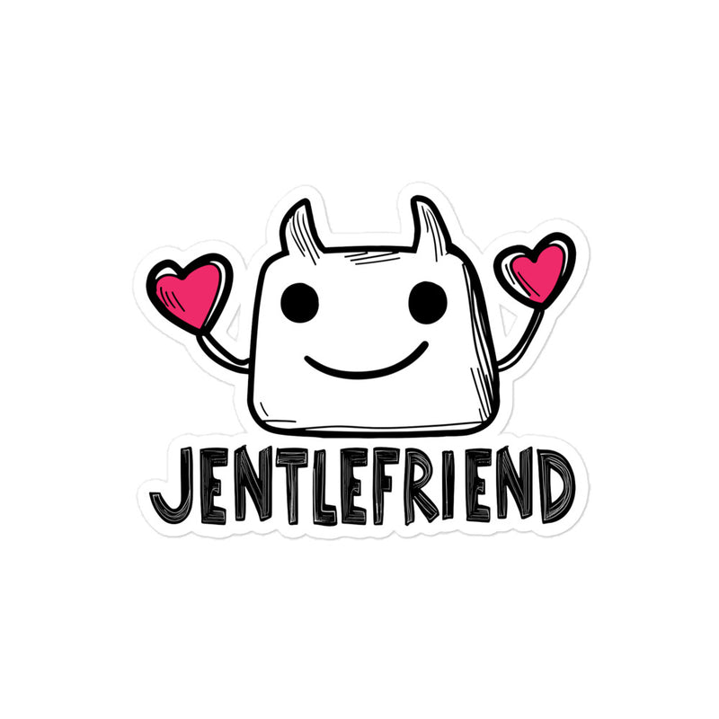 Cartoon character with hearts and 'Jentlefriend' text on a white background
