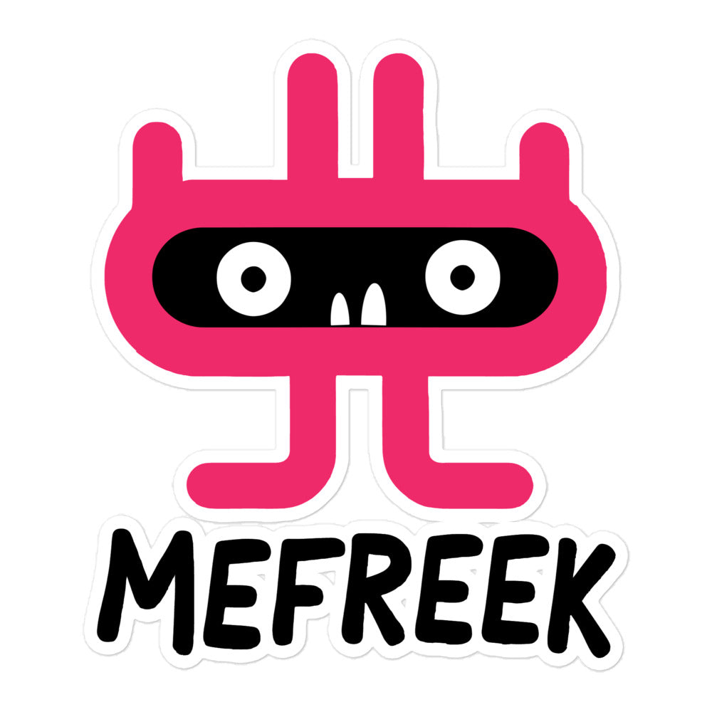 Sticker with a pink creature logo and 'MEFREEK' text on a white background